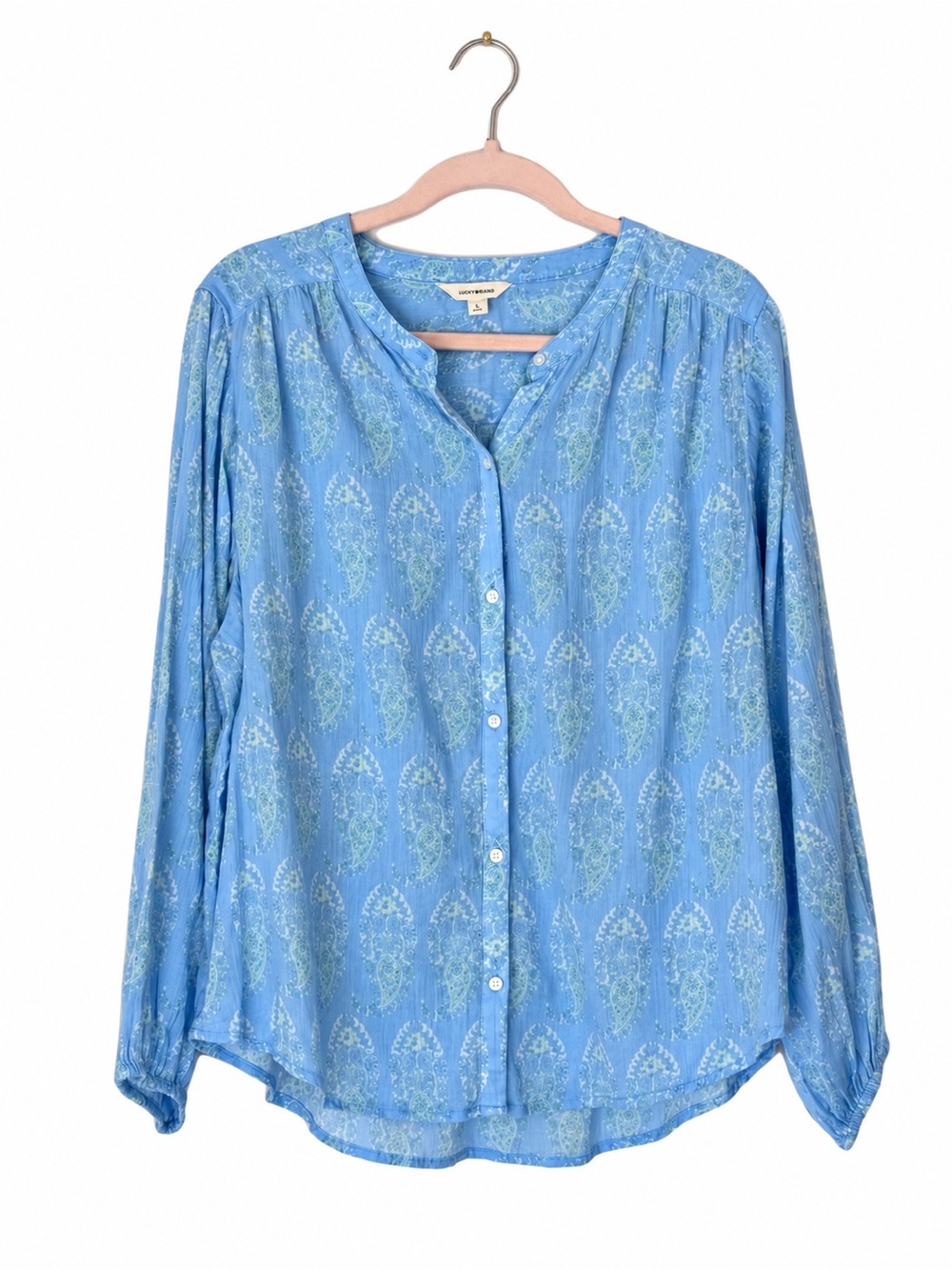 Lucky Brand Light Blue Paisley 100% Cotton Peasant Blouse Top Large